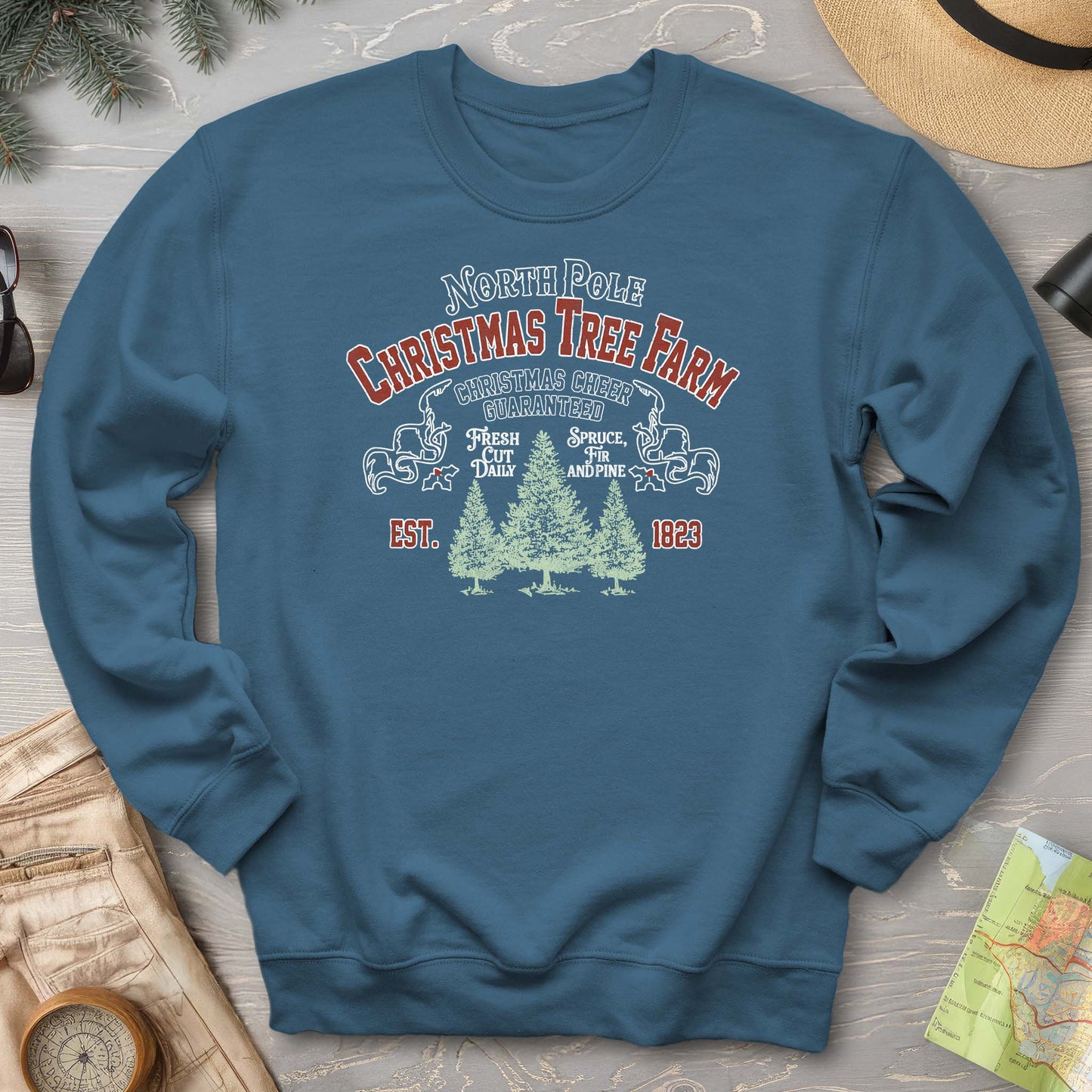 North Pole Christmas Tree Farm Vintage Print Sweatshirt