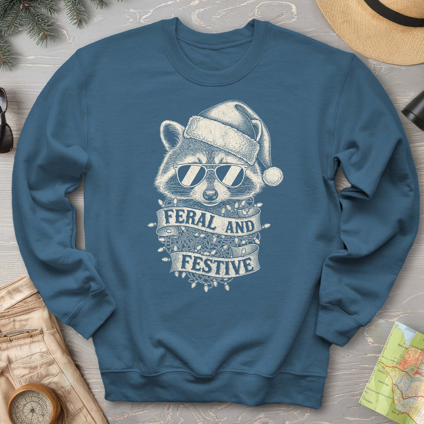 Feral and Festive Racoon Sweatshirt