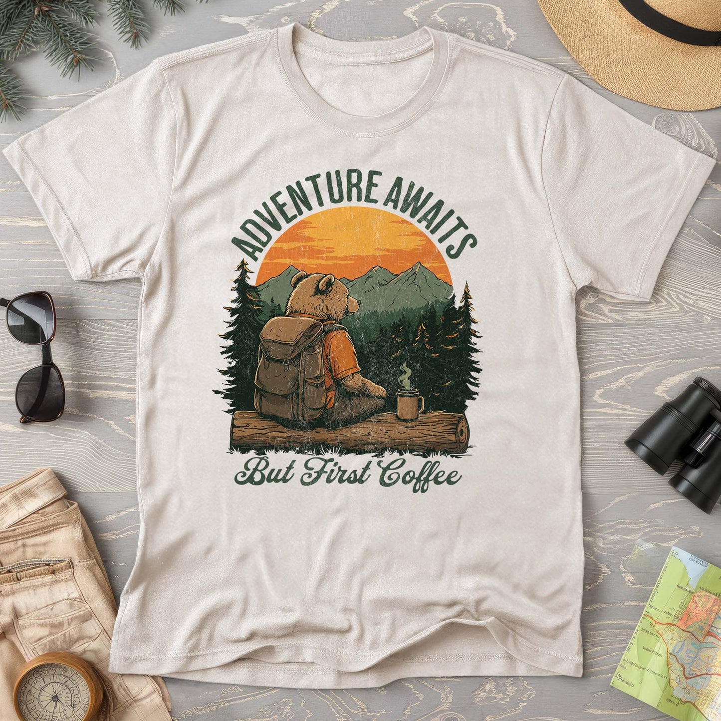 Adventure Awaits But First Coffee "Bear Design" Comfort Colors T-Shirt