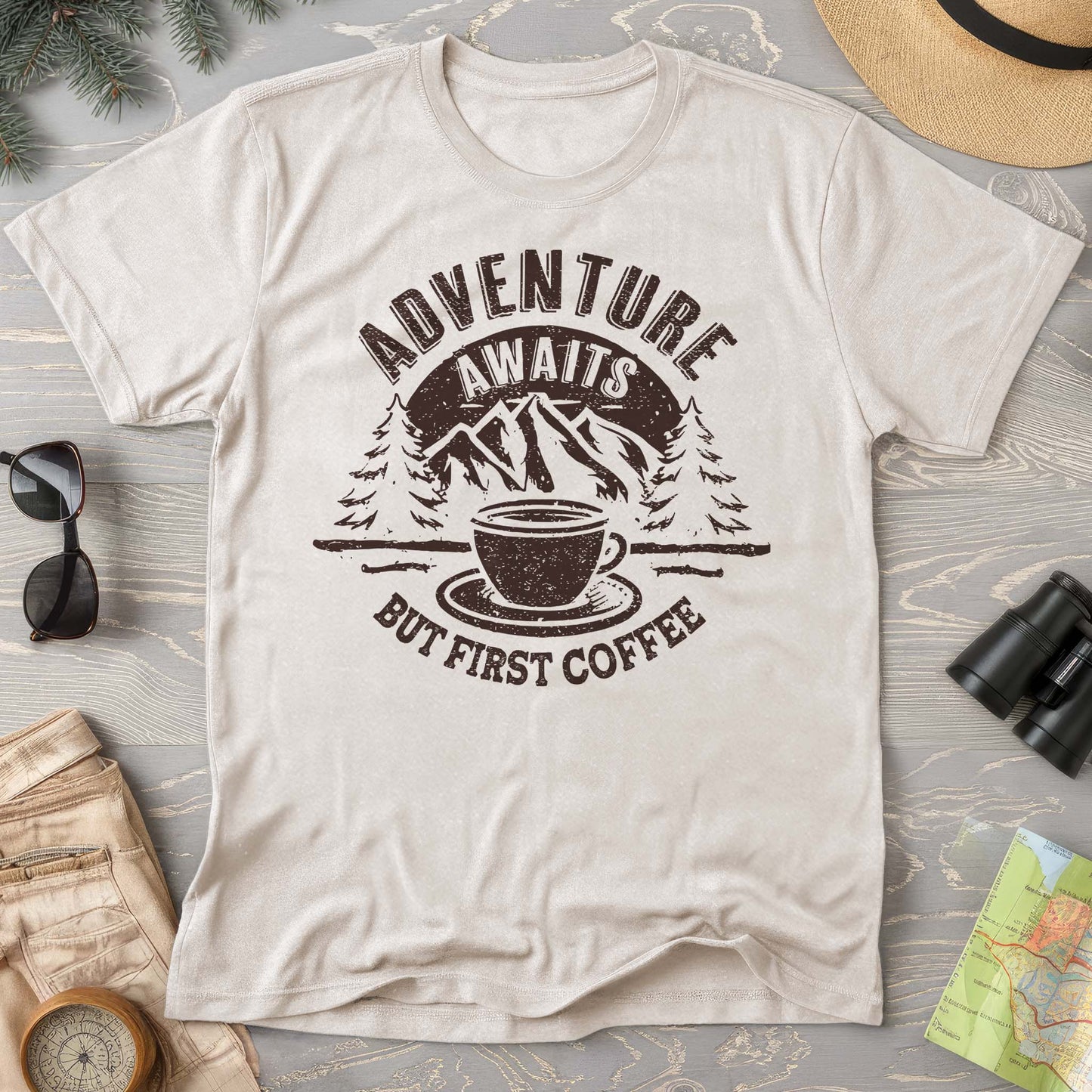 "Adventure Awaits But First Coffee" Comfort Colors T-Shirt