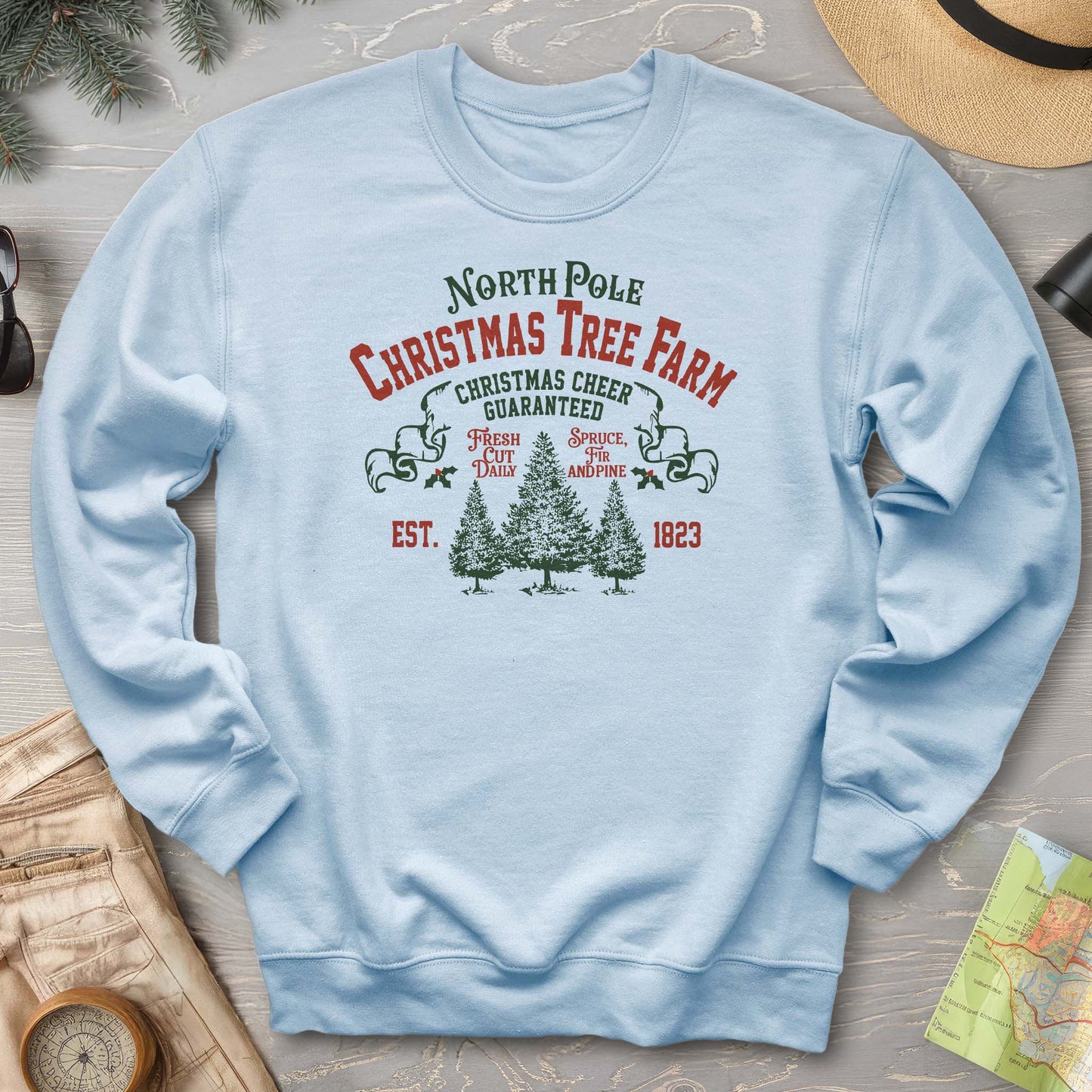 North Pole Christmas Tree Farm Vintage Print Sweatshirt