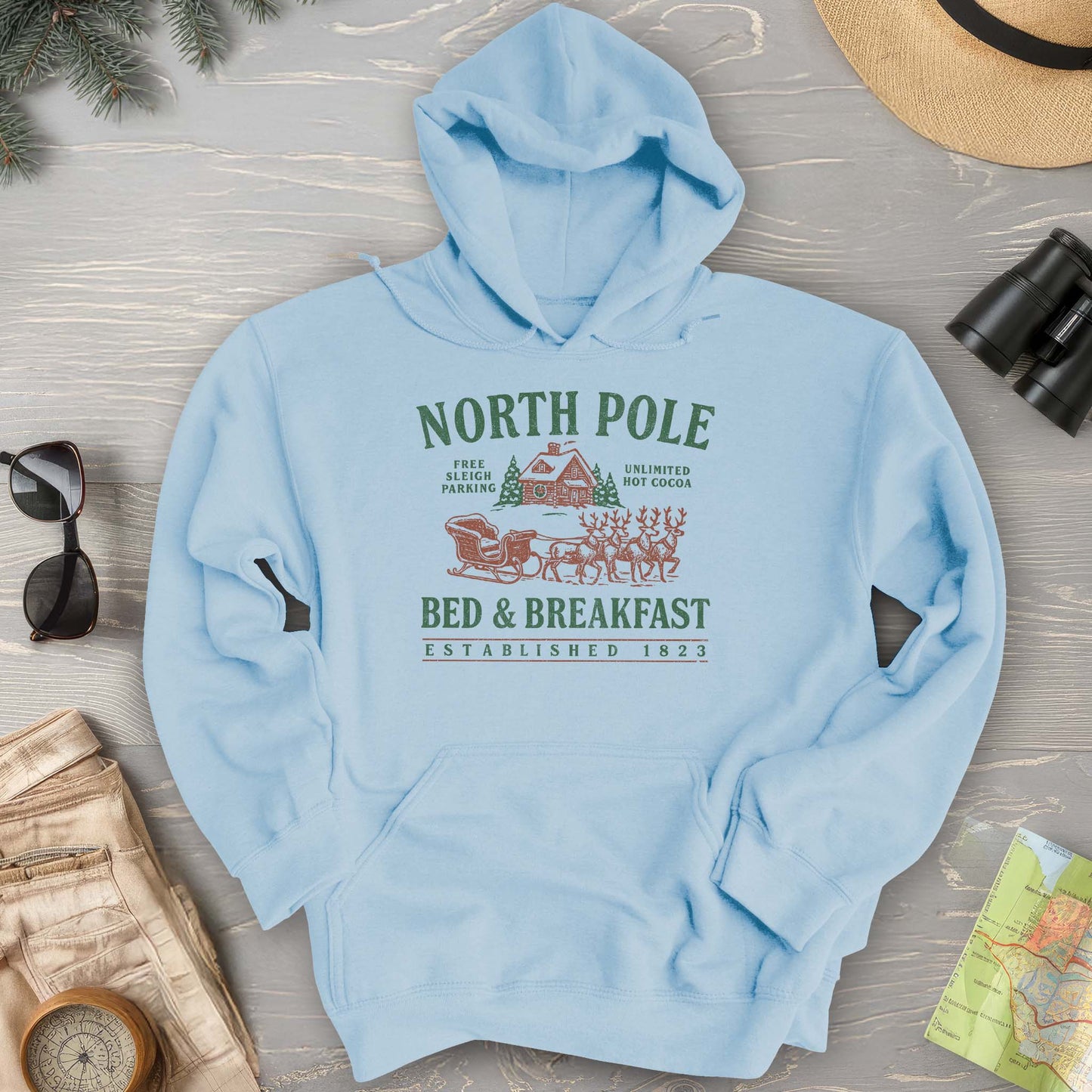 North Pole Bed and Breakfast Vintage Print Hoodie