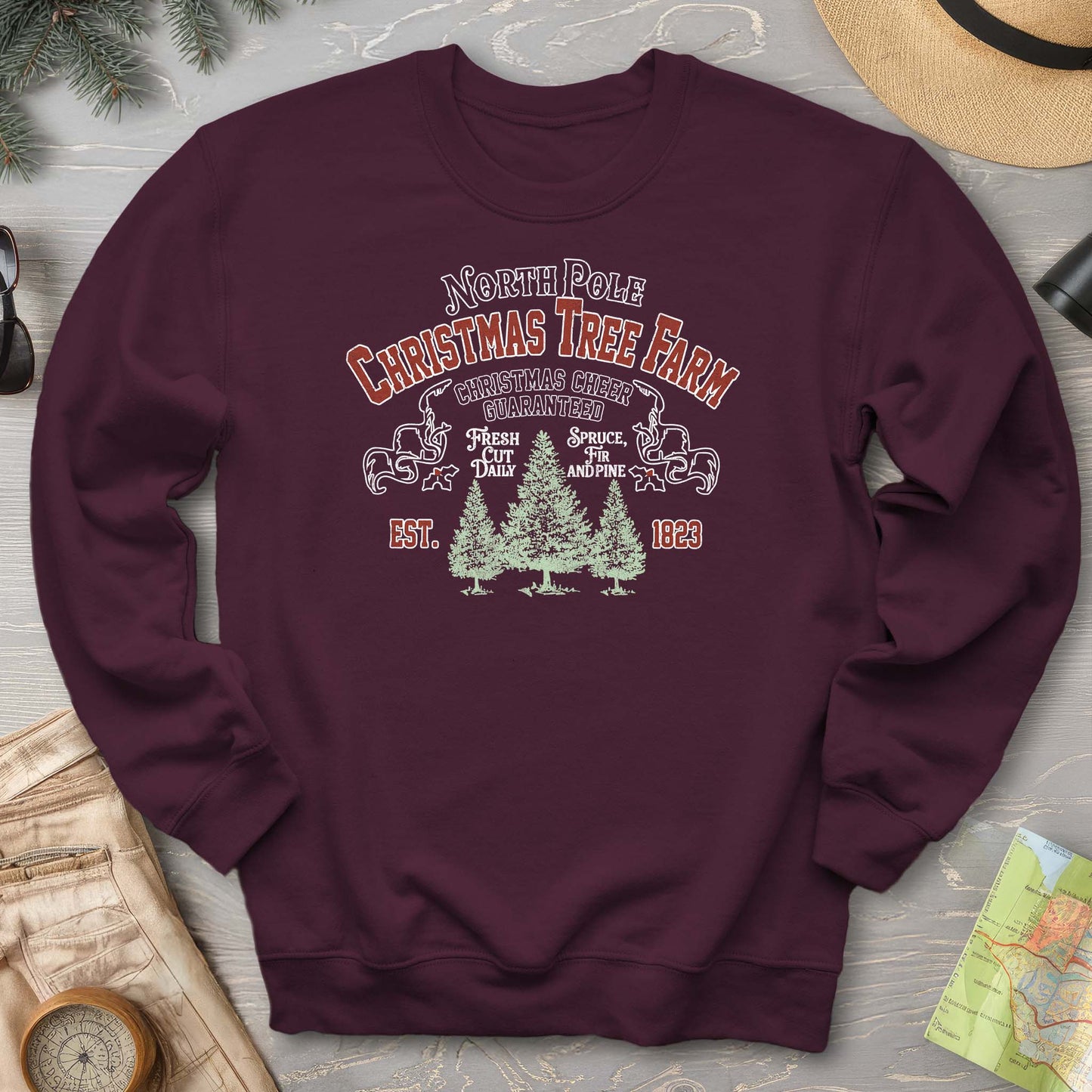 North Pole Christmas Tree Farm Vintage Print Sweatshirt