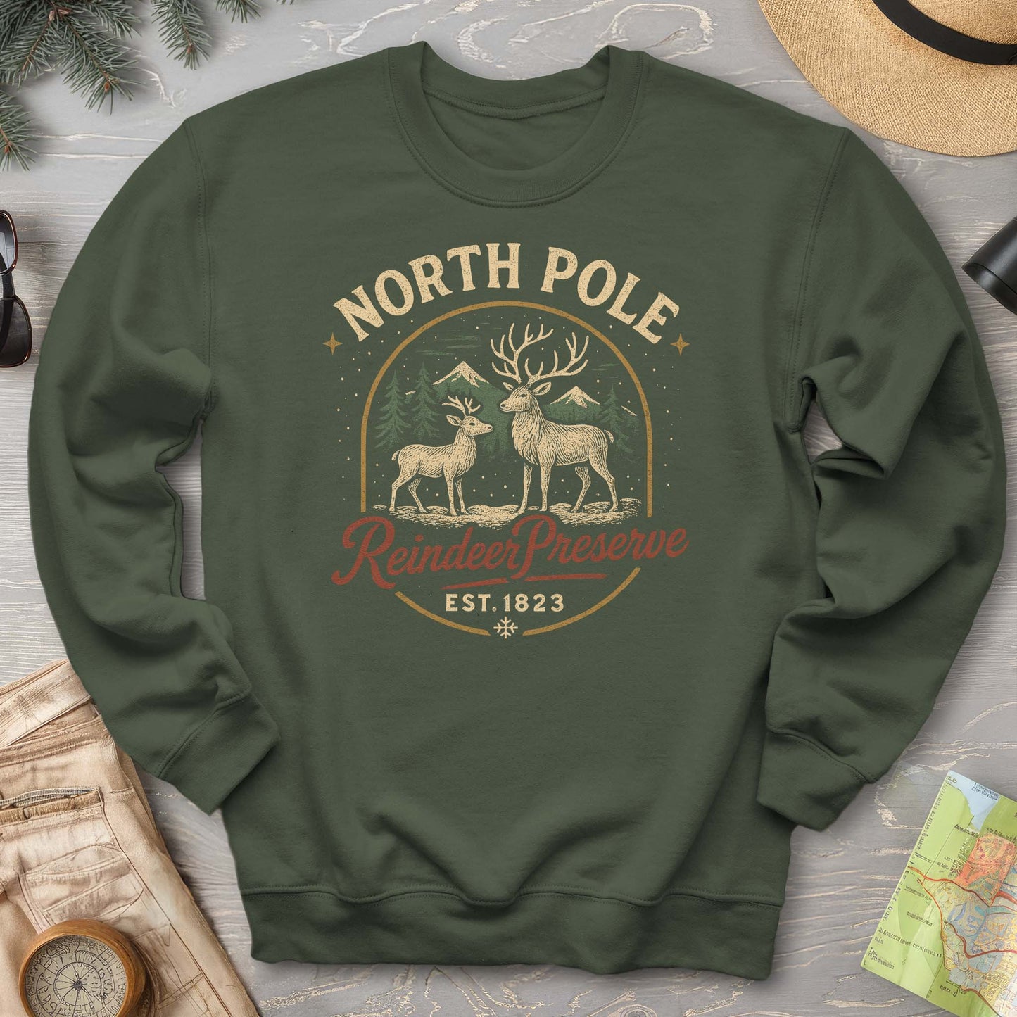 North Pole Reindeer Preserve Vintage Print Sweatshirt