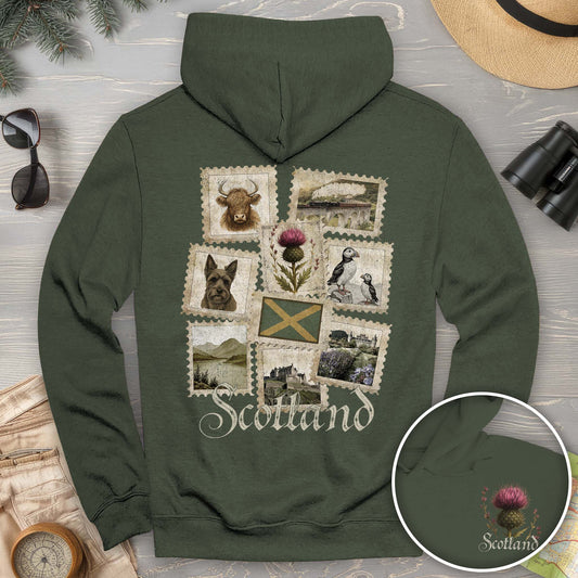 Bargain Bin Overstock! Scotland Vintage Stamps Front/Back Print Hoodie