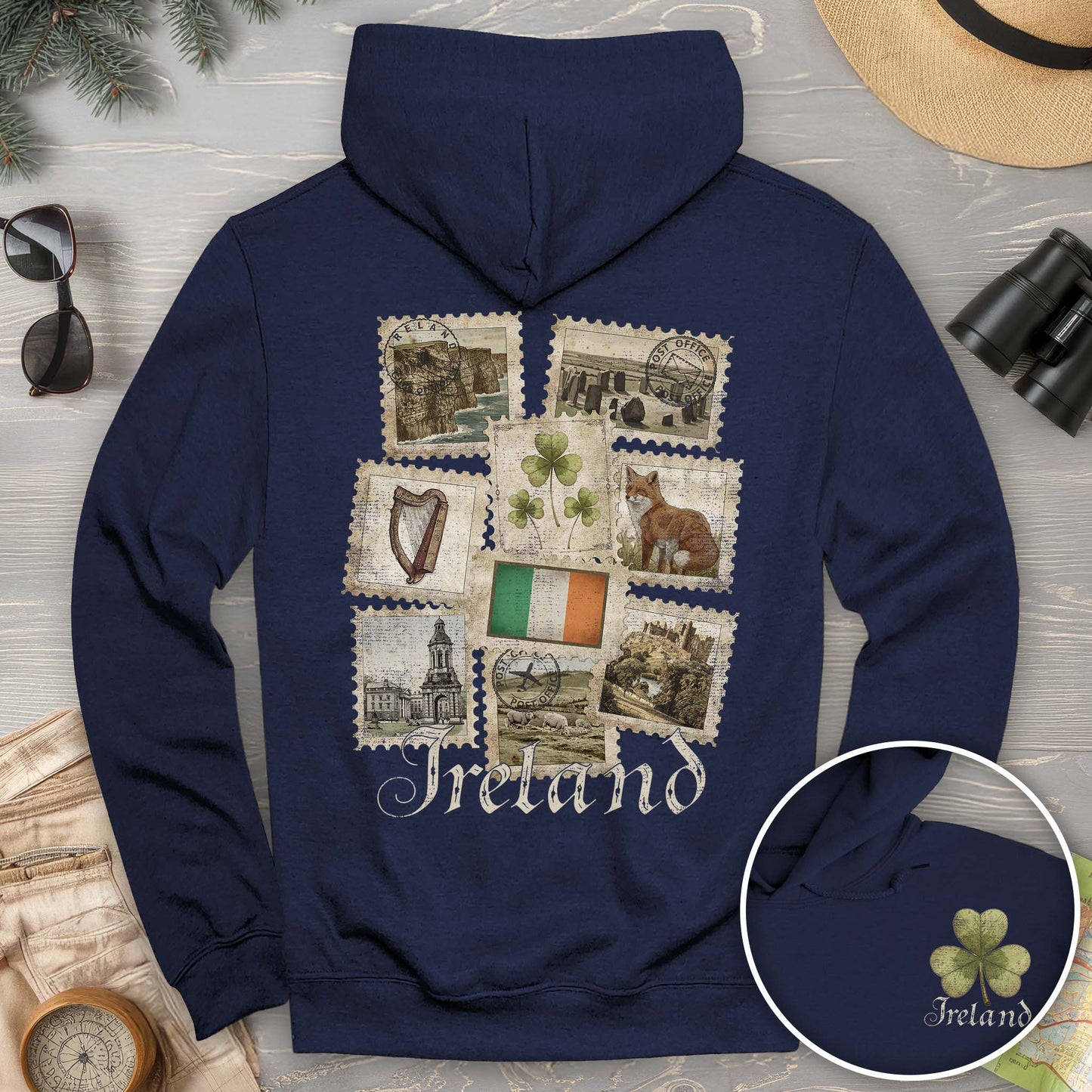 Ireland Vintage Stamps Front/Back Print Hoodie