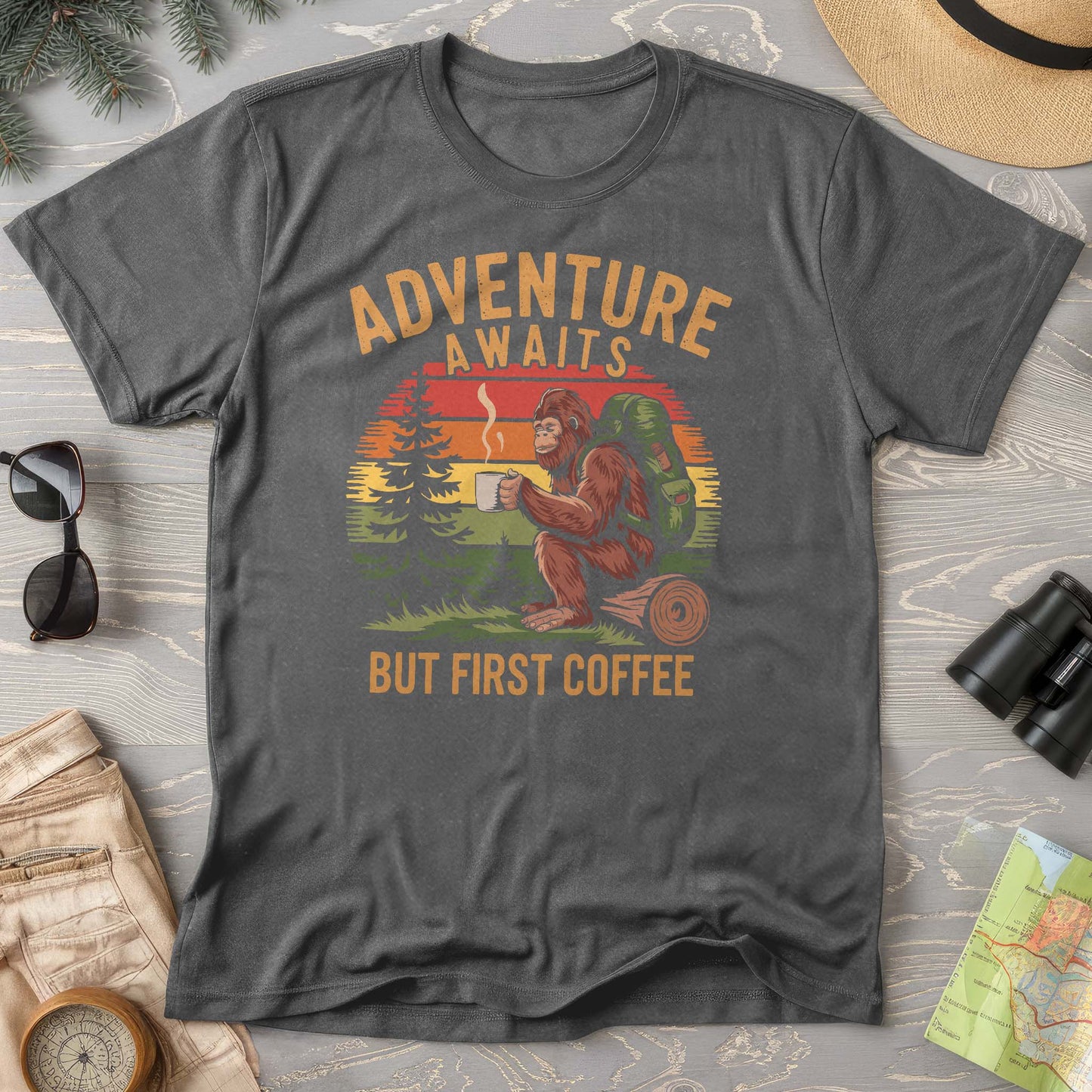 Adventure Awaits But First Coffee "Bigfoot Design" Comfort Colors T-Shirt