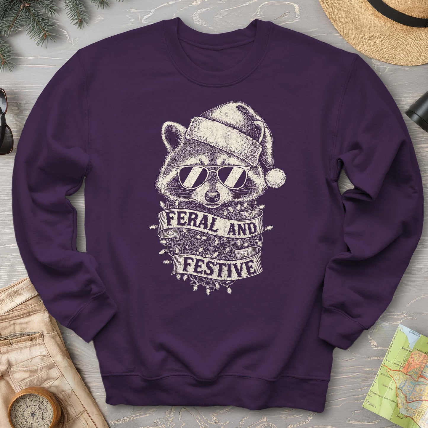 Feral and Festive Racoon Sweatshirt