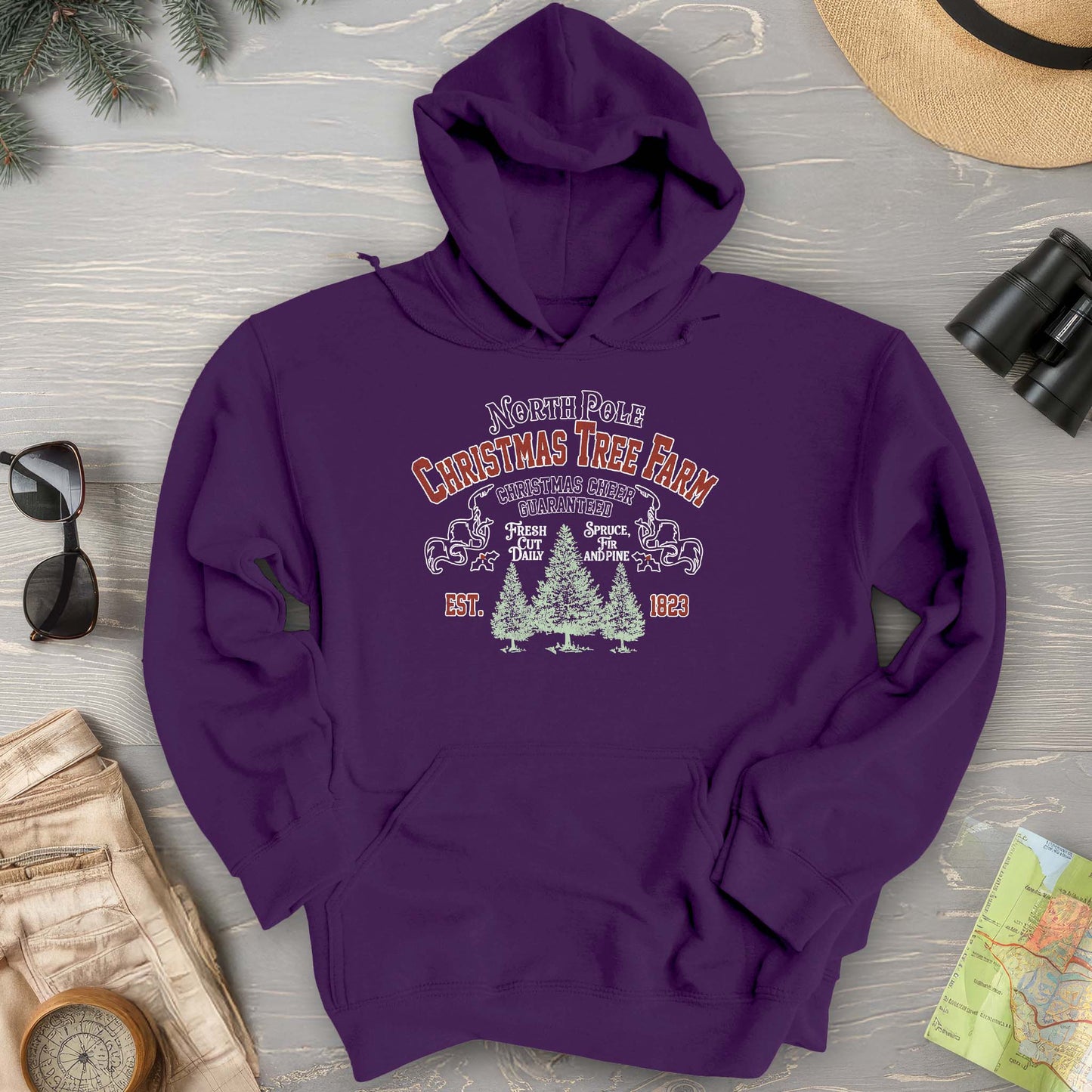 North Pole Christmas Tree Farm Vintage Print Hoodie