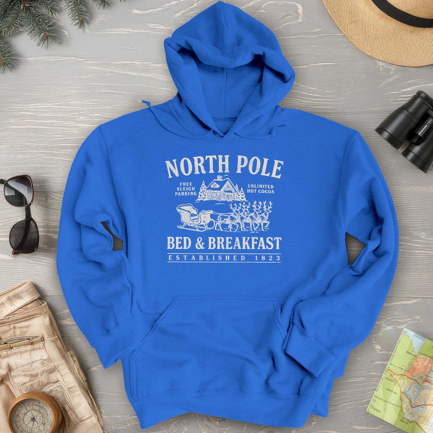North Pole Bed and Breakfast Vintage Print Hoodie