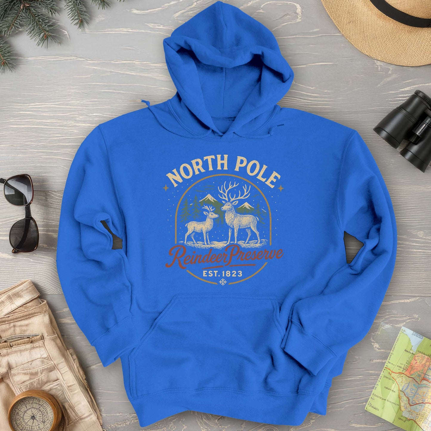 North Pole Reindeer Preserve Vintage Print Hoodie