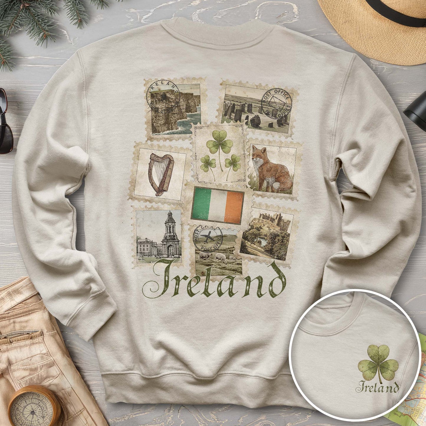Ireland Vintage Stamps Front/Back Print Sweatshirt