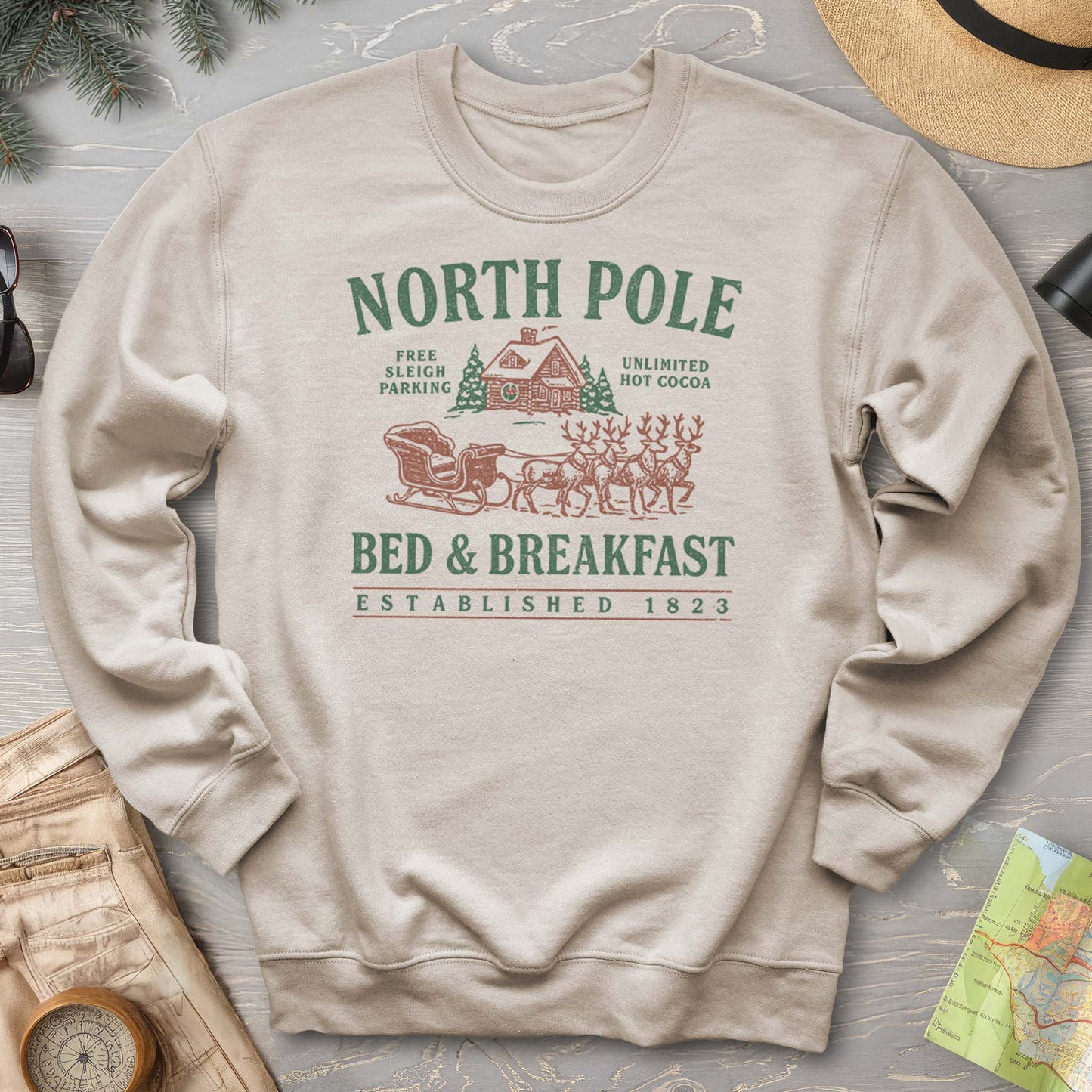 North Pole Bed and Breakfast Vintage Print Sweatshirt