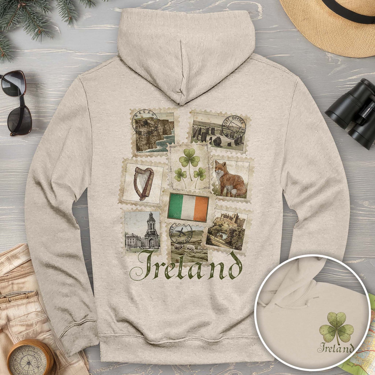 Ireland Vintage Stamps Front/Back Print Hoodie