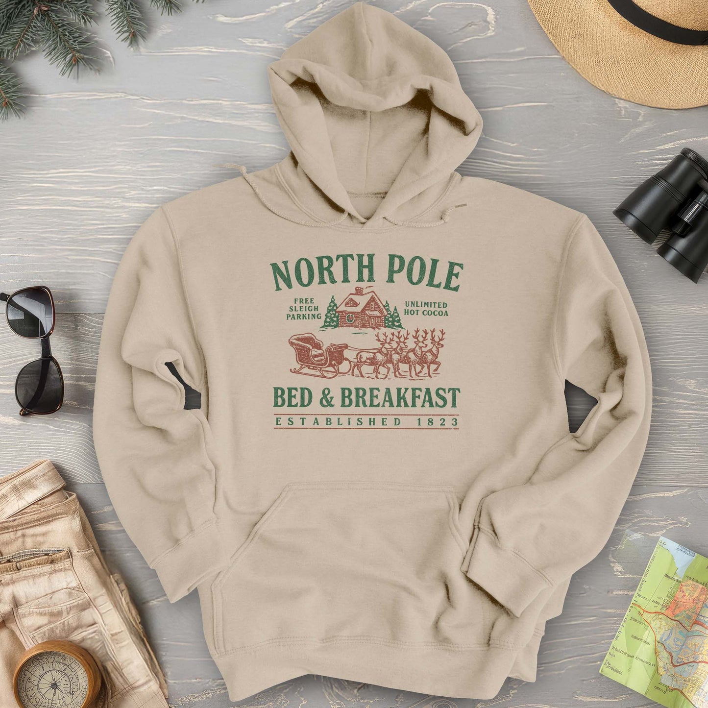 North Pole Bed and Breakfast Vintage Print Hoodie