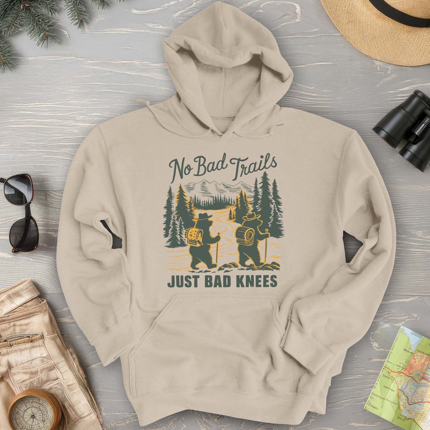 No Bad Trails Just Bad Knees Funny Hiking Hoodie