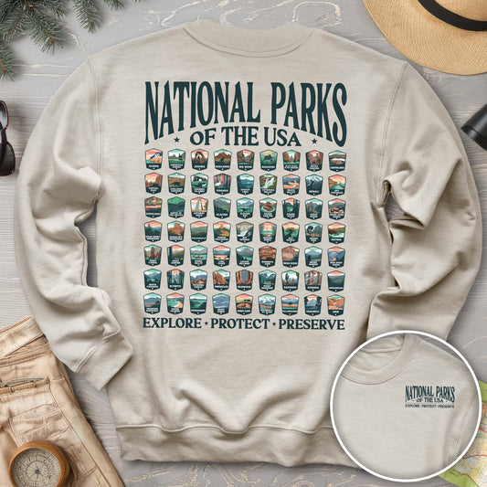 Bargain Bin Overstock! National Parks of the USA 63 Badges Crewneck Sweatshirt