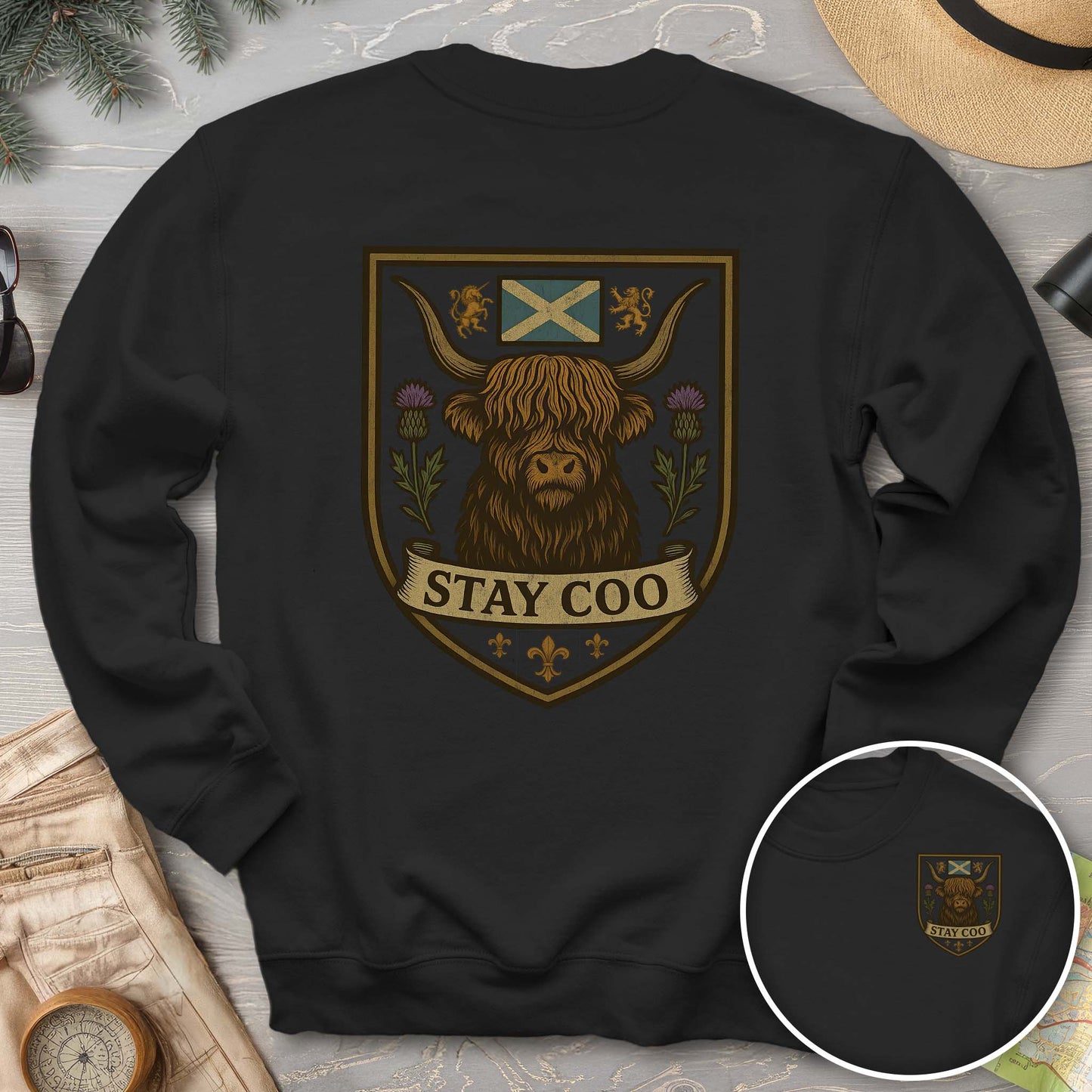 Highland Cow "Scottish Heraldry" Front/Back Print Sweatshirt
