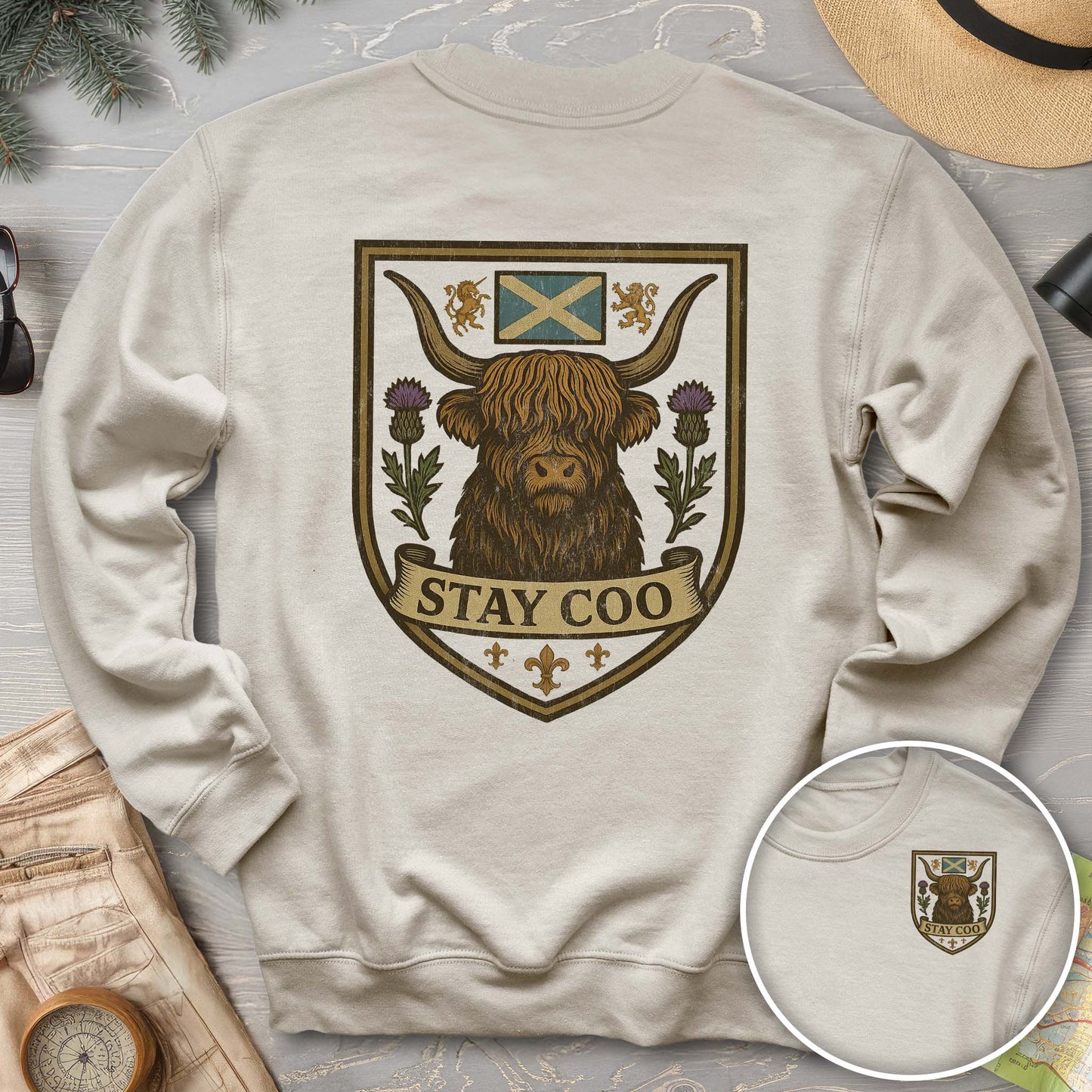 Highland Cow "Scottish Heraldry" Front/Back Print Sweatshirt