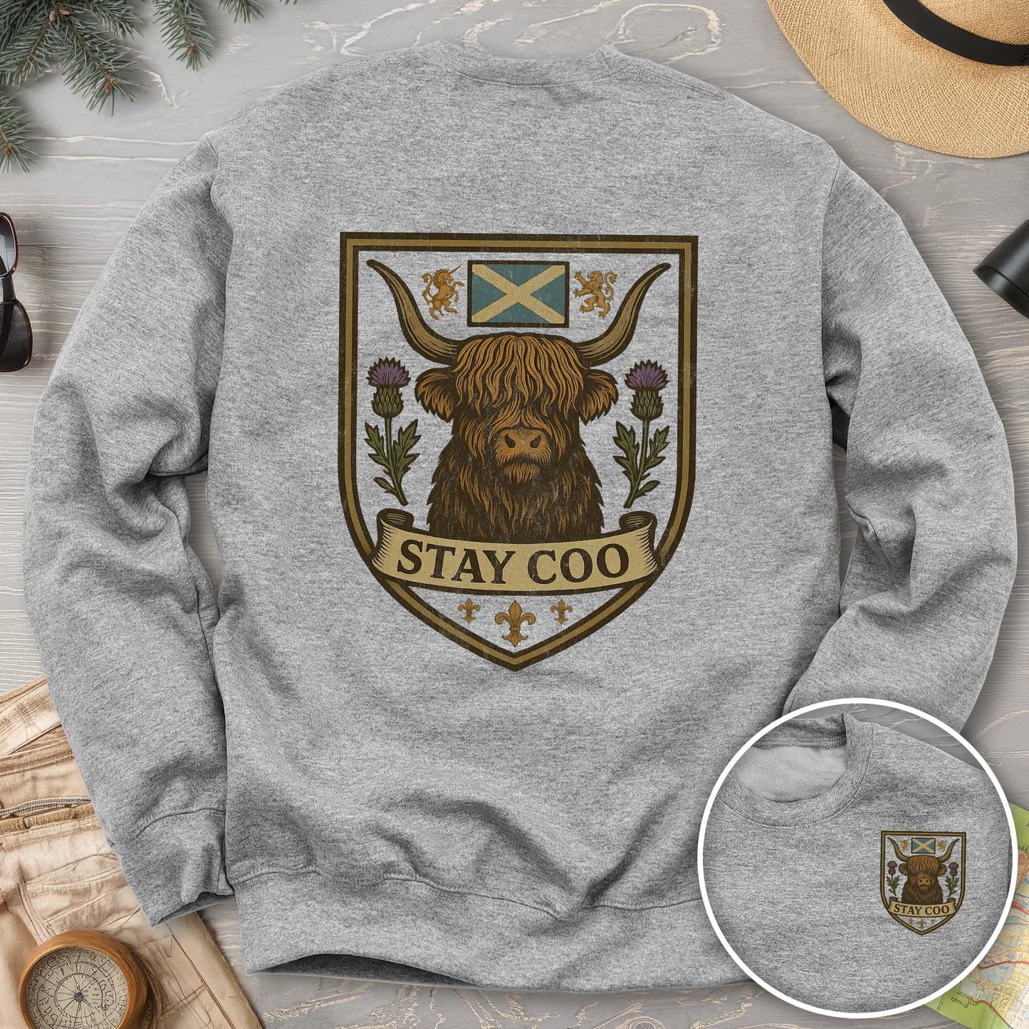Highland Cow "Scottish Heraldry" Front/Back Print Sweatshirt