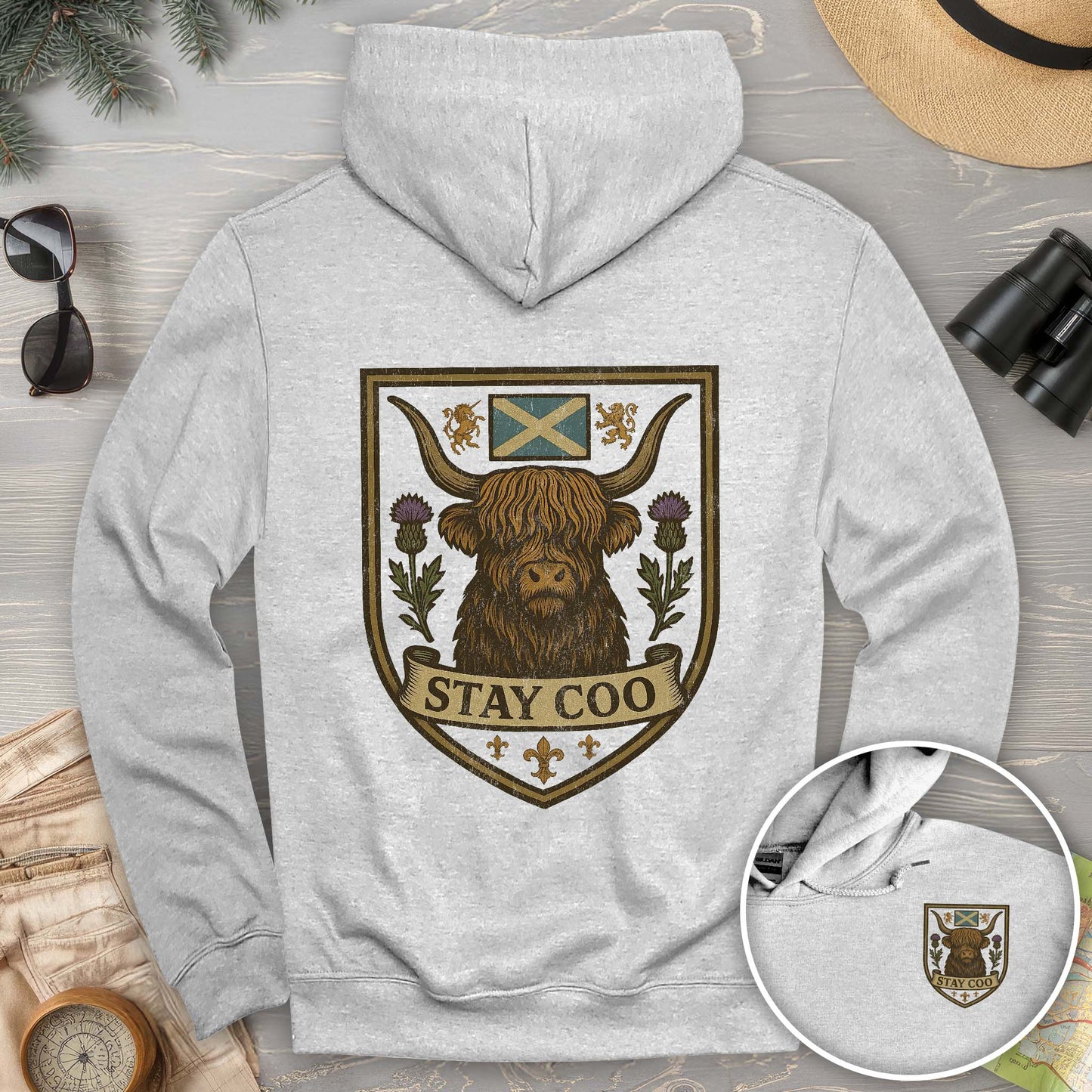 Highland Cow "Scottish Heraldry" Front/Back Print Hoodie