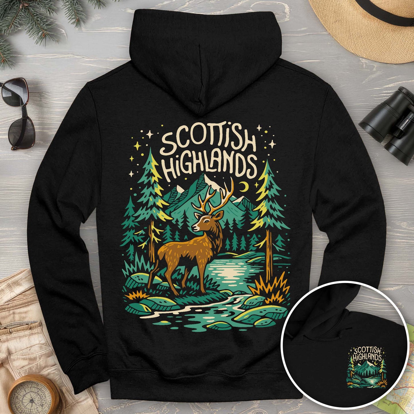 Scottish Highlands "Midnight Stag" Front/Back Print Hoodie