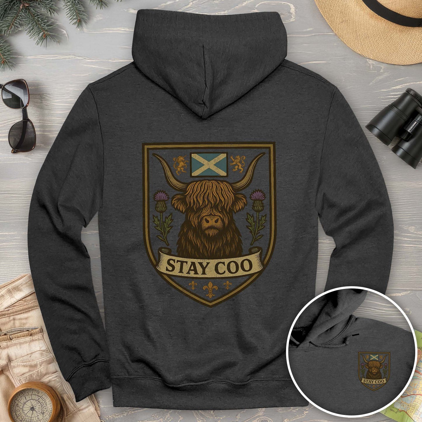 Highland Cow "Scottish Heraldry" Front/Back Print Hoodie