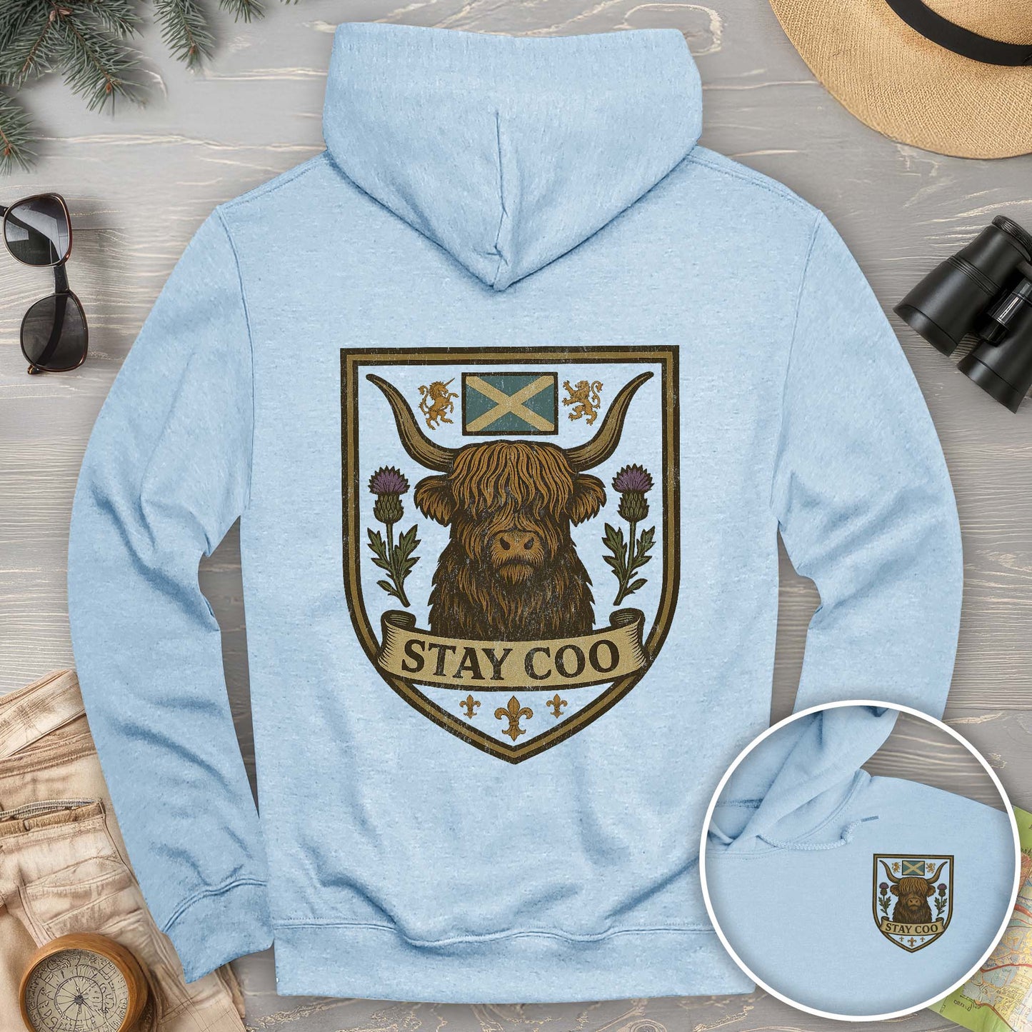 Highland Cow "Scottish Heraldry" Front/Back Print Hoodie