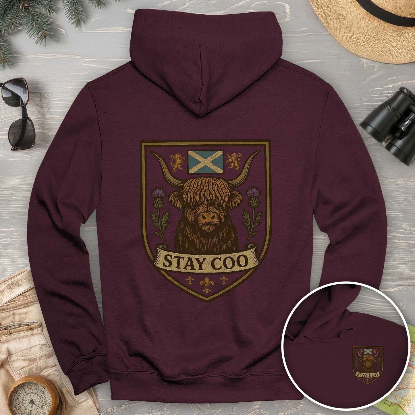 Highland Cow "Scottish Heraldry" Front/Back Print Hoodie