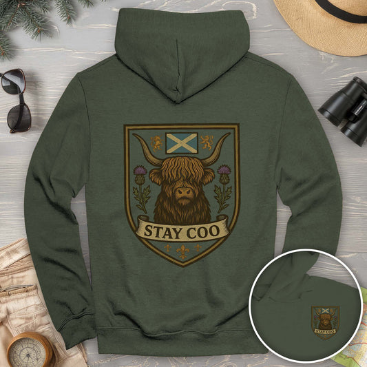 Highland Cow "Scottish Heraldry" Front/Back Print Hoodie