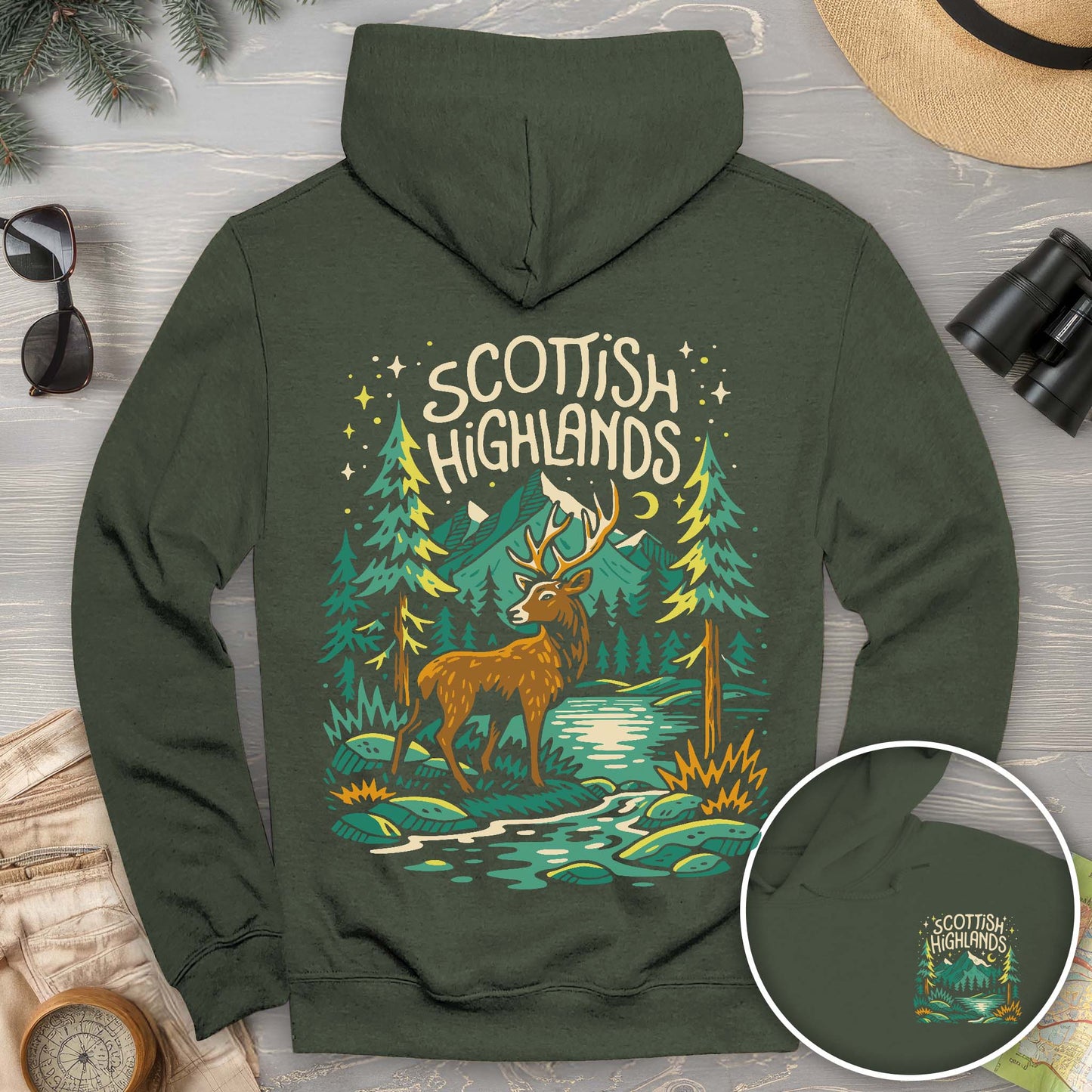 Scottish Highlands "Midnight Stag" Front/Back Print Hoodie