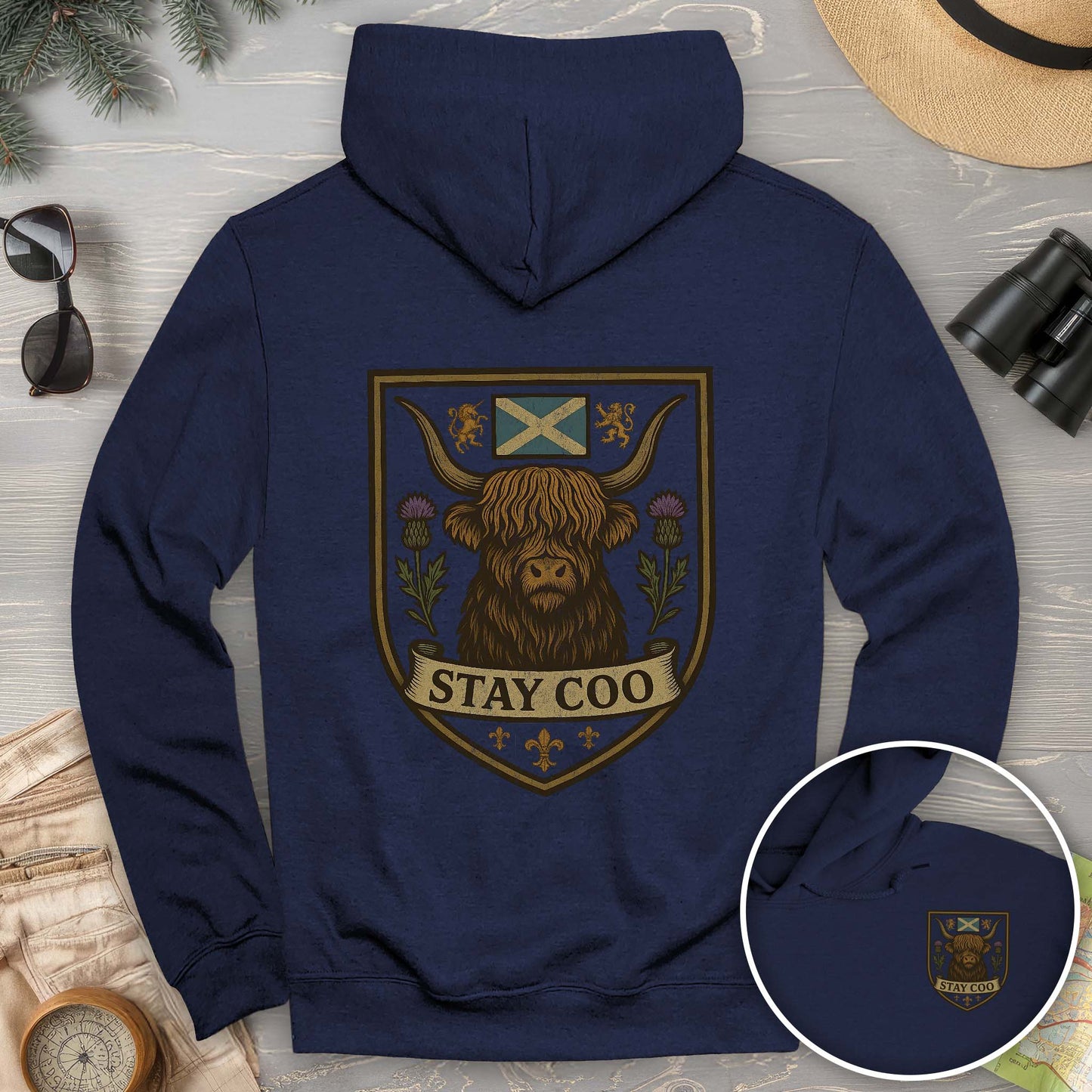 Highland Cow "Scottish Heraldry" Front/Back Print Hoodie