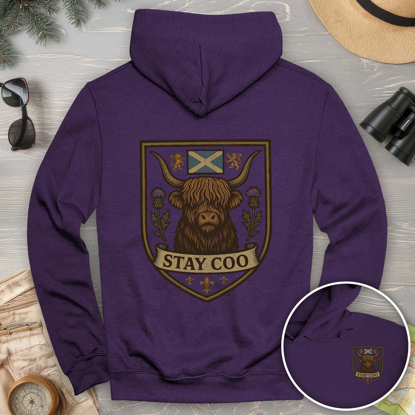 Highland Cow "Scottish Heraldry" Front/Back Print Hoodie