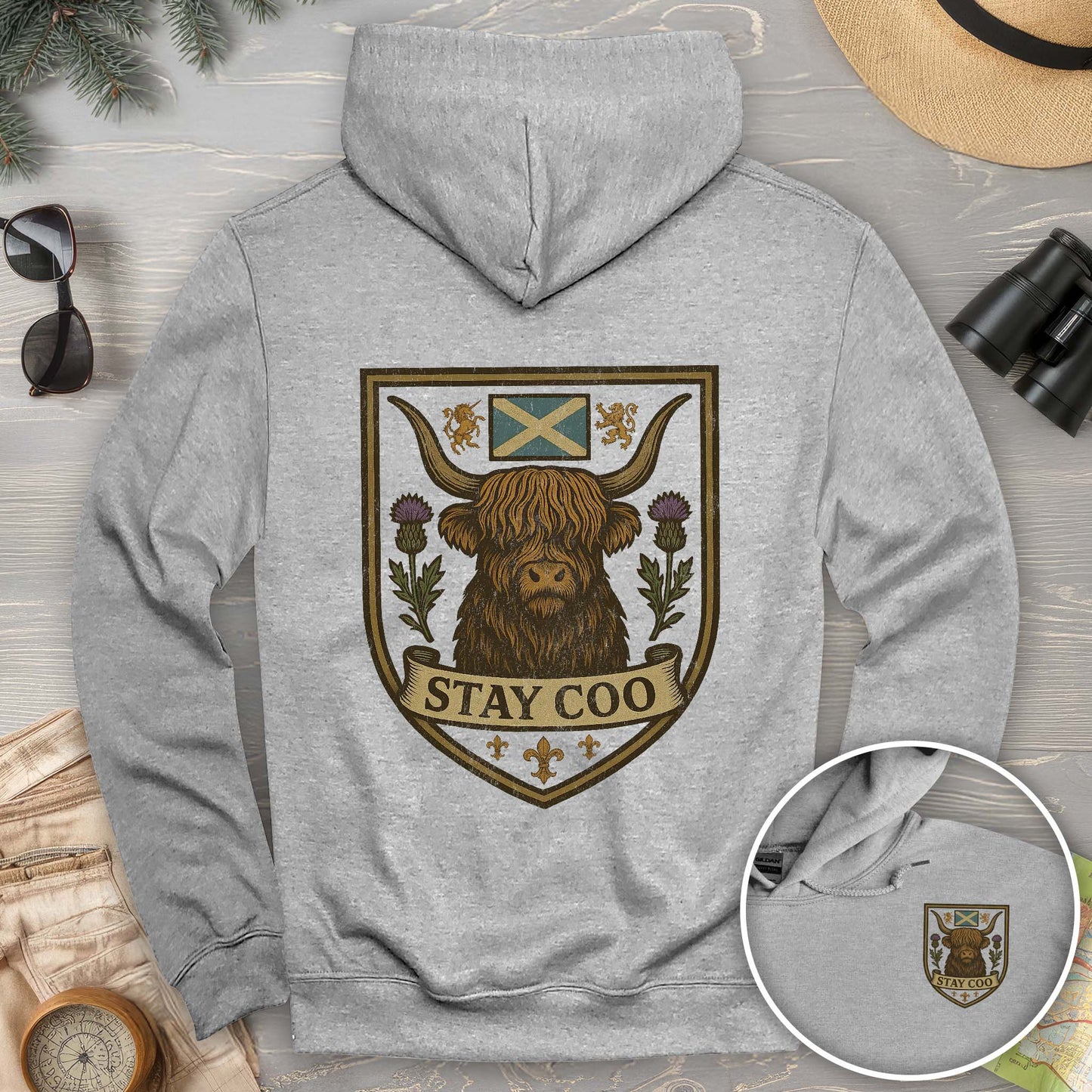 Highland Cow "Scottish Heraldry" Front/Back Print Hoodie