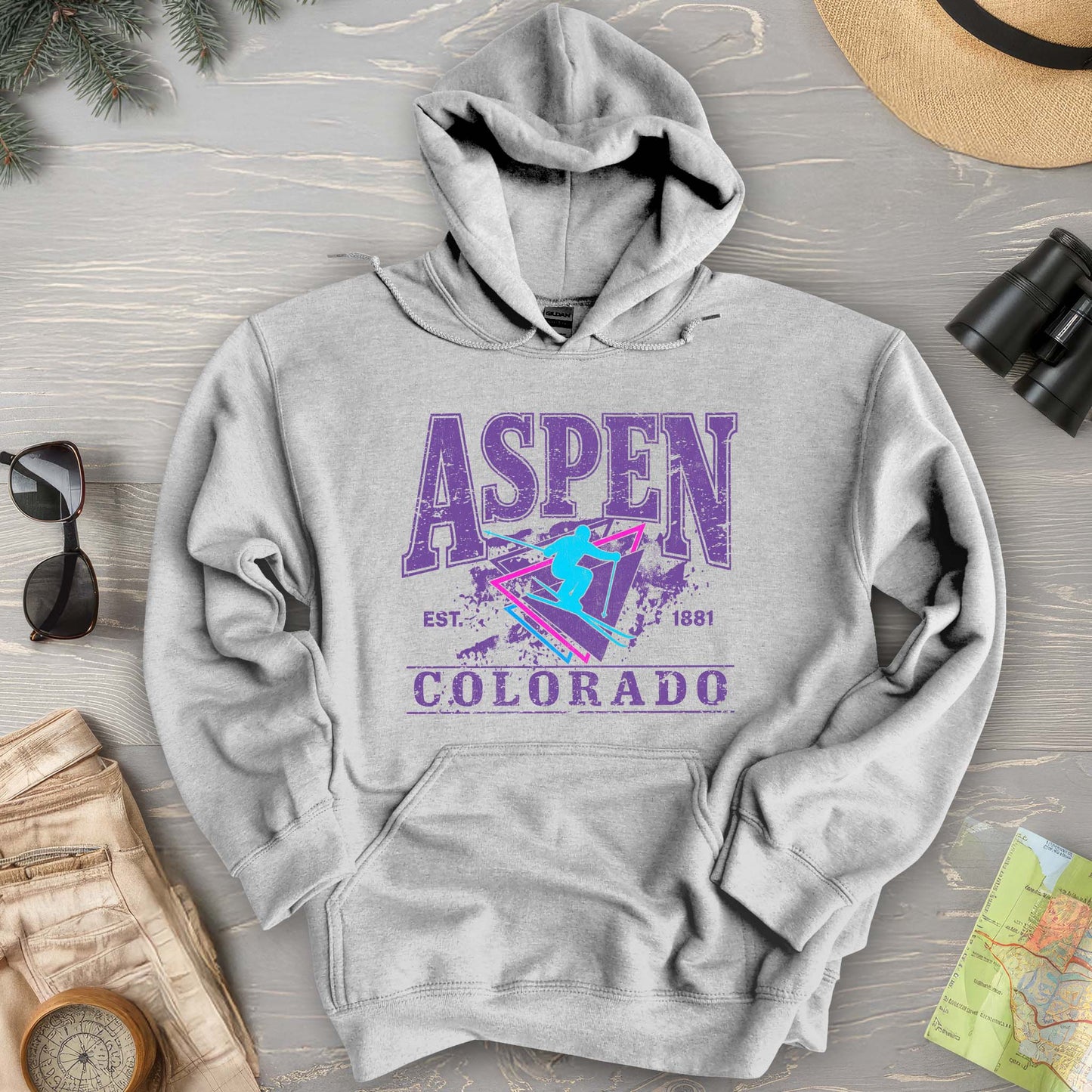 Aspen Colorado Retro 80's Skier Hoodie