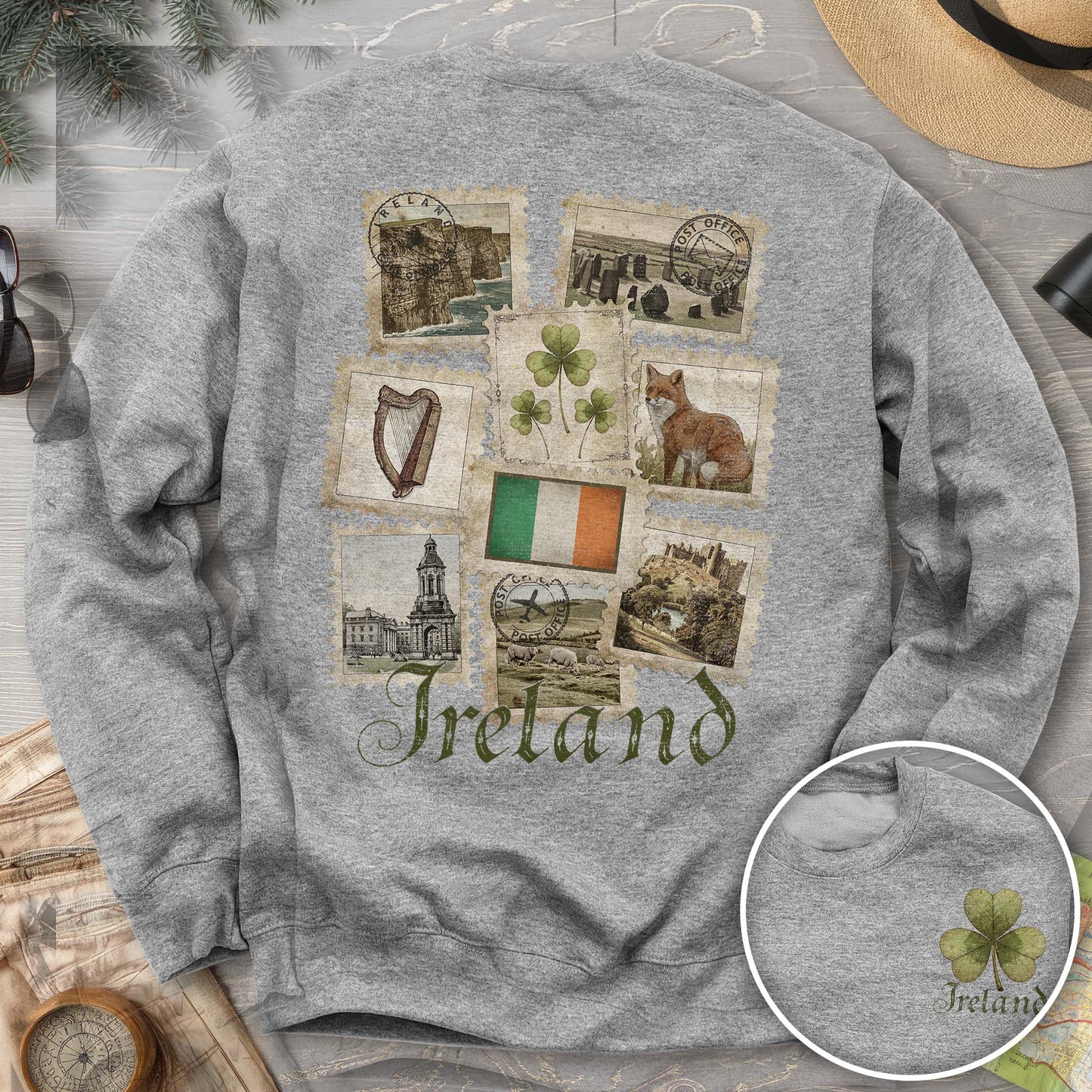 Ireland Vintage Stamps Front/Back Print Sweatshirt