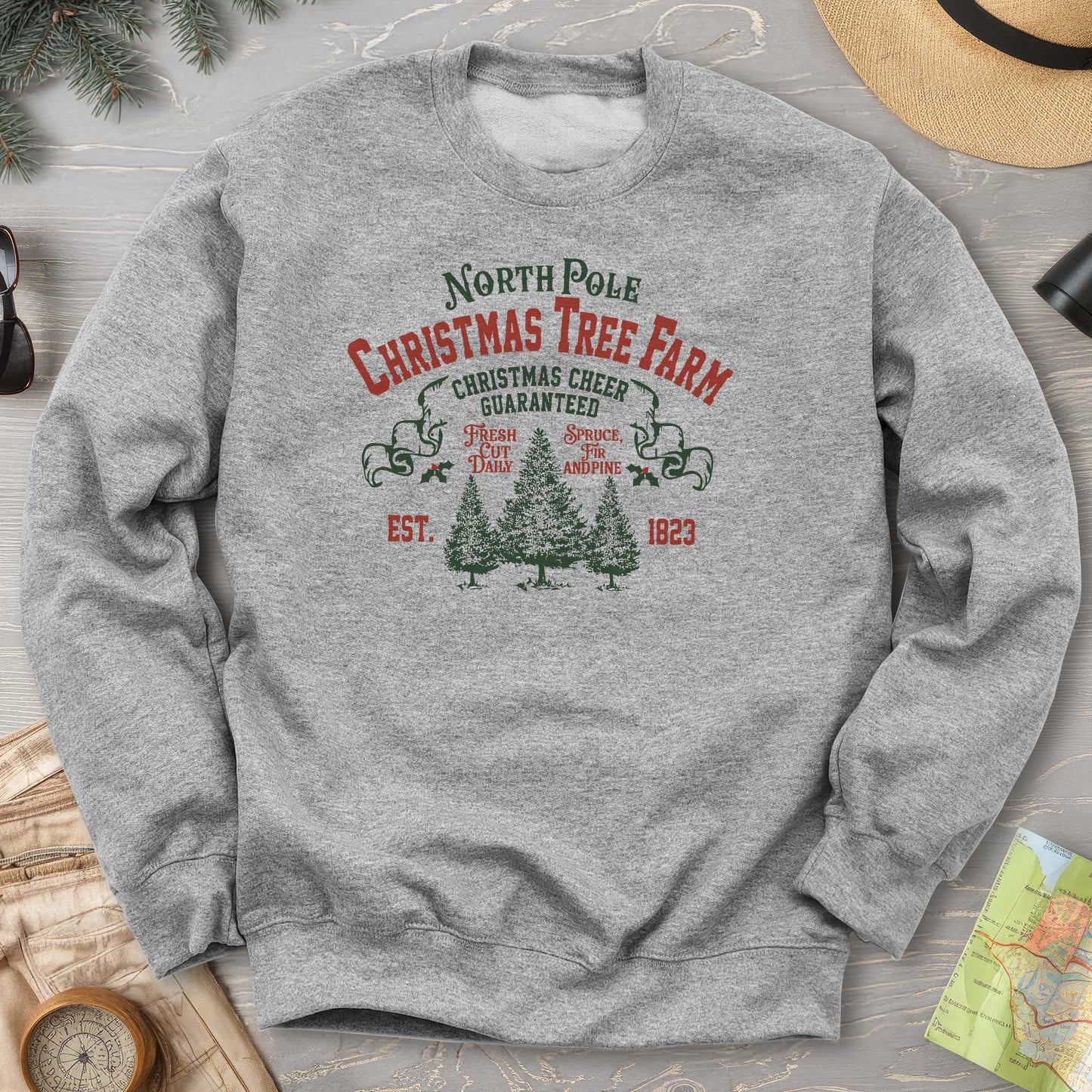 North Pole Christmas Tree Farm Vintage Print Sweatshirt