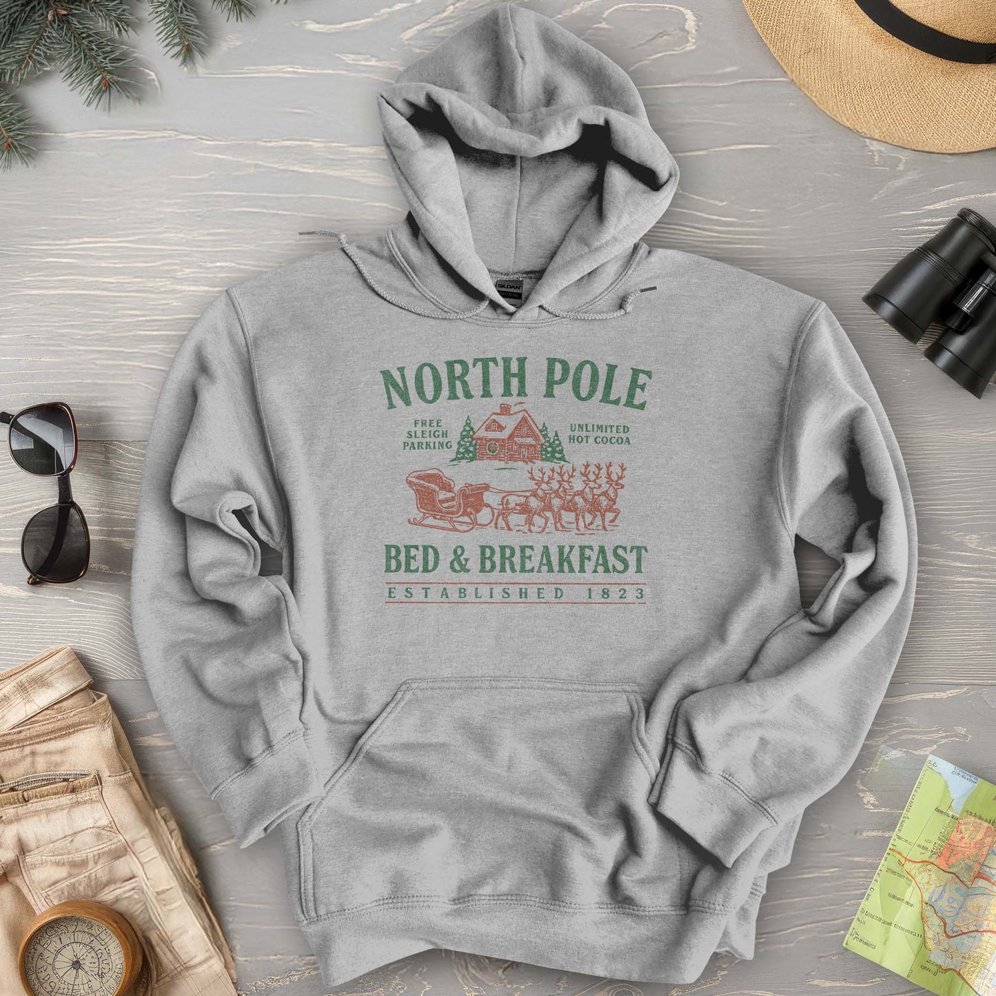 North Pole Bed and Breakfast Vintage Print Hoodie