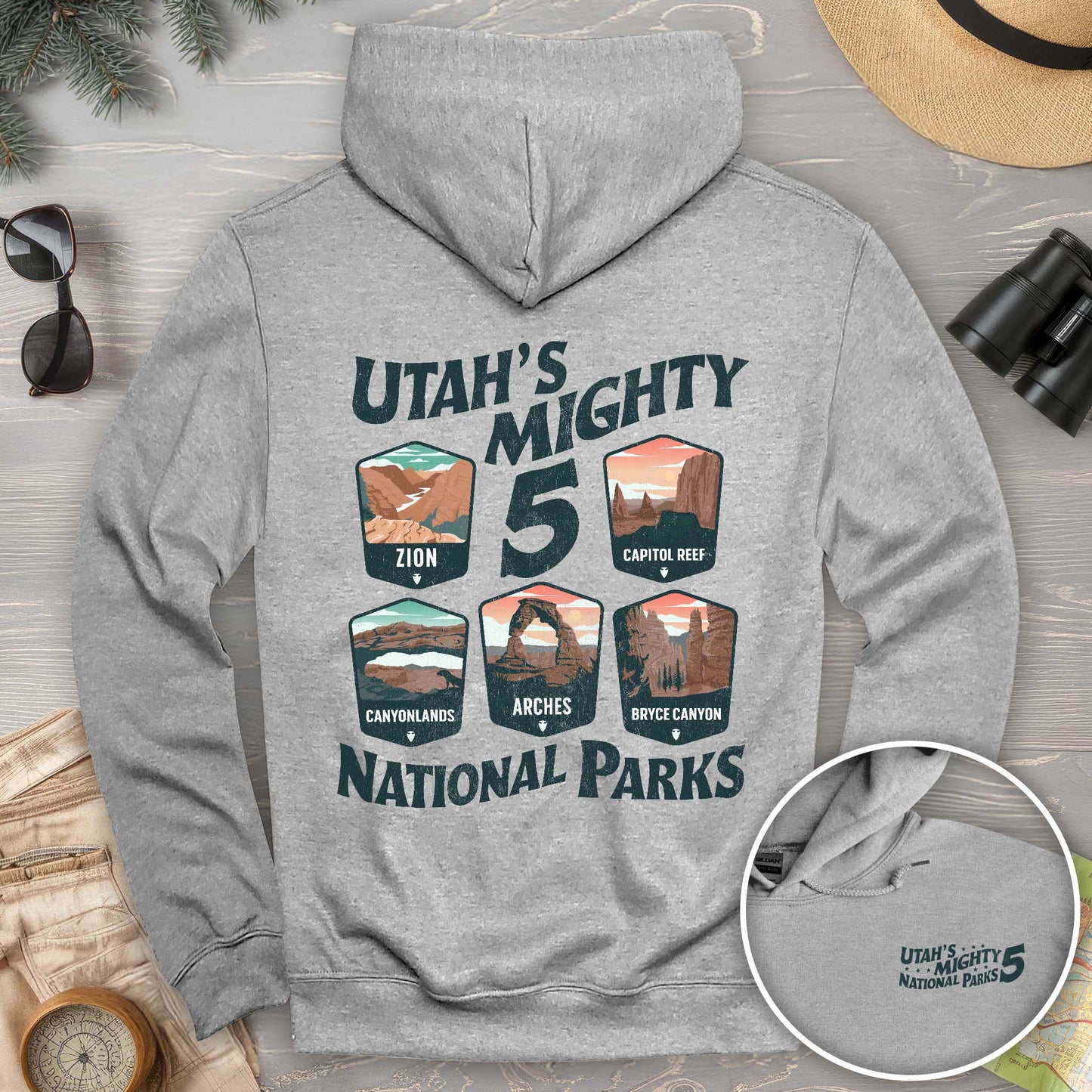 Utah's Mighty Five "5 Badges" Front/Back Print Hoodie