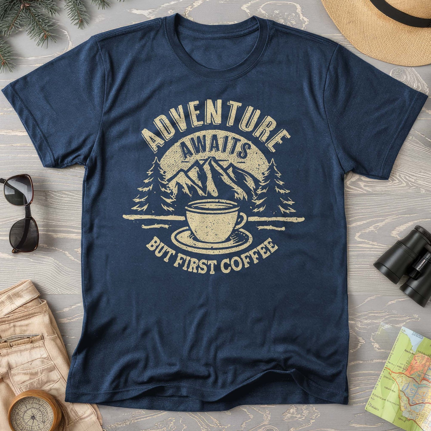 "Adventure Awaits But First Coffee" Comfort Colors T-Shirt