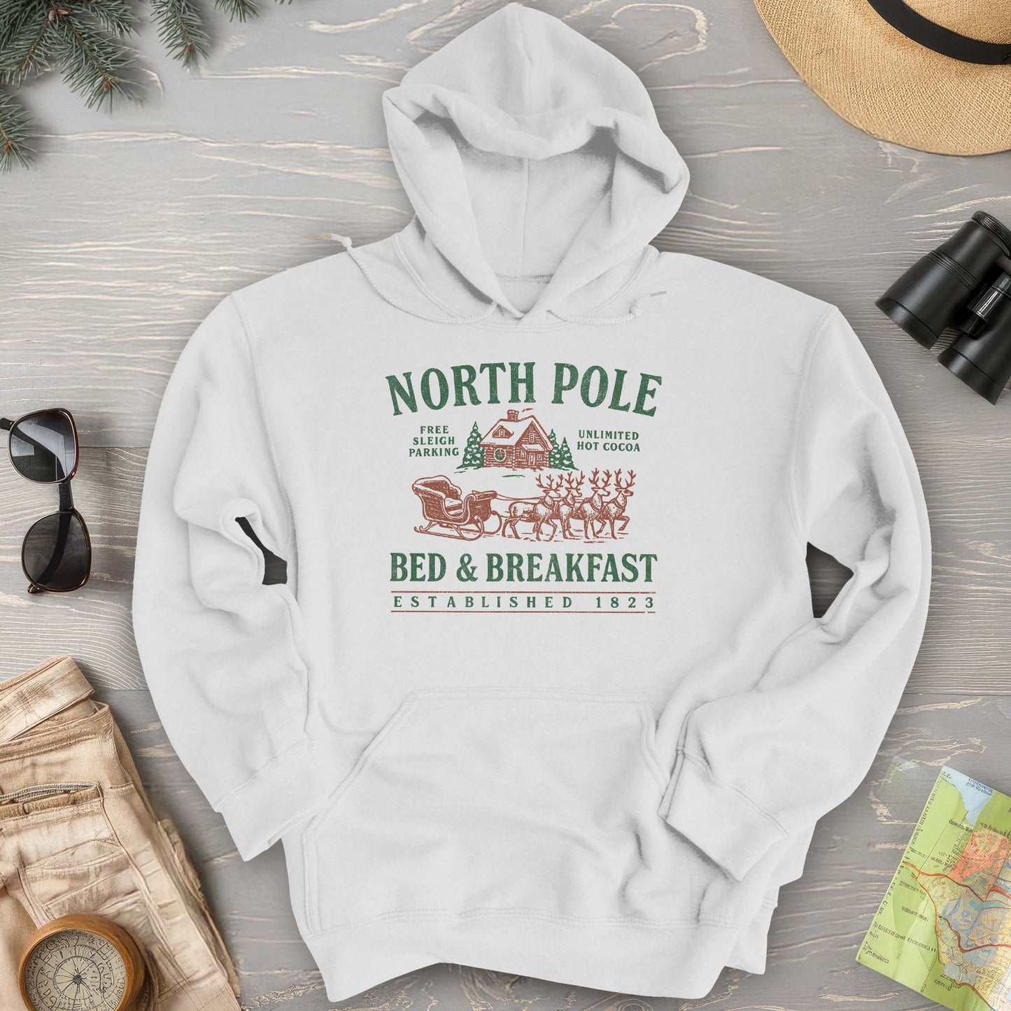 North Pole Bed and Breakfast Vintage Print Hoodie