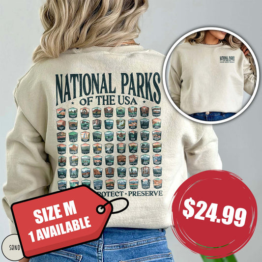 Bargain Bin! National Parks "63 Badges" Front Back Print Gildan 18000 M Sand Sweatshirt